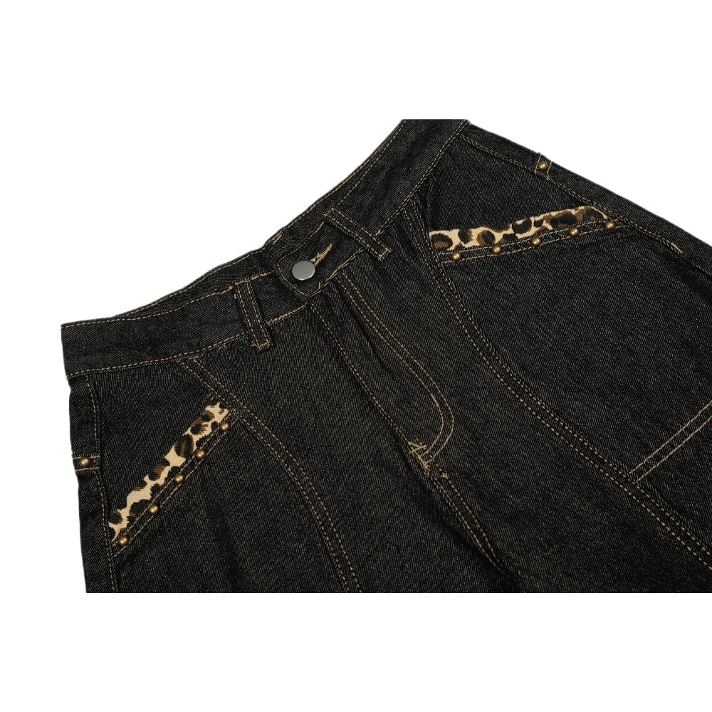 Leopard - Accent Cross Embroidered Studded Jeans - Thrashink