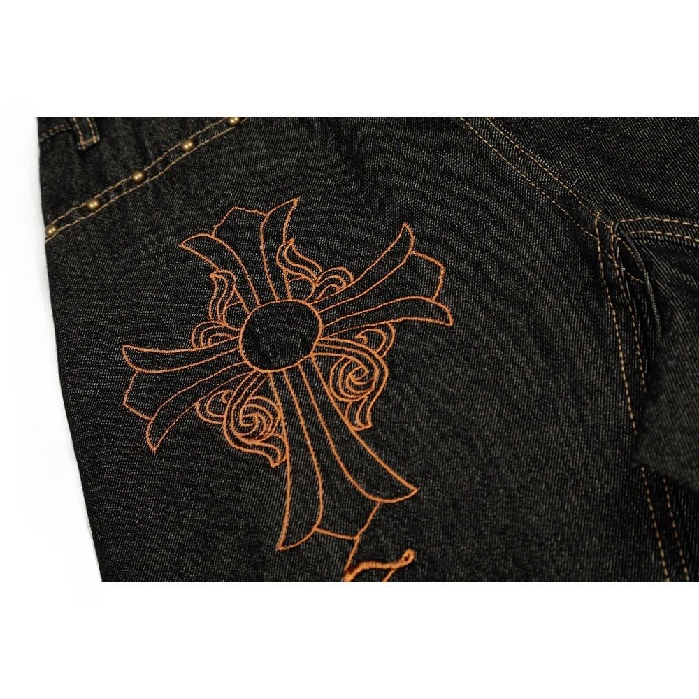 Leopard - Accent Cross Embroidered Studded Jeans - Thrashink