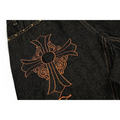 Leopard - Accent Cross Embroidered Studded Jeans - Thrashink