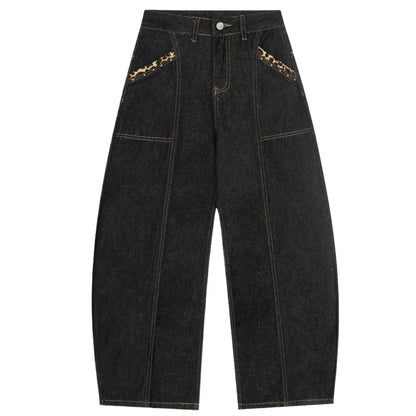 Leopard - Accent Cross Embroidered Studded Jeans - Thrashink