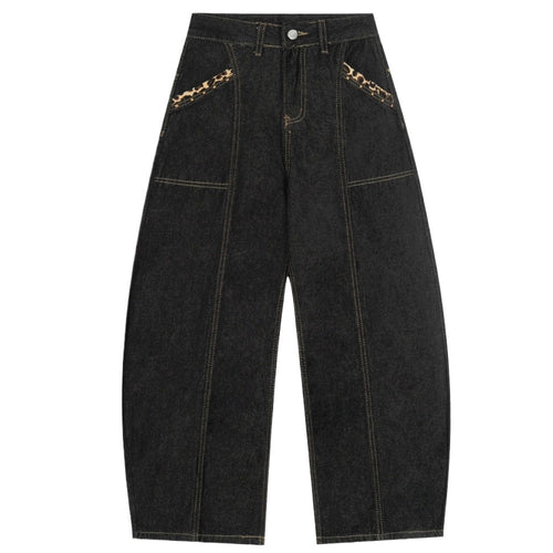 Leopard - Accent Cross Embroidered Studded Jeans - Thrashink