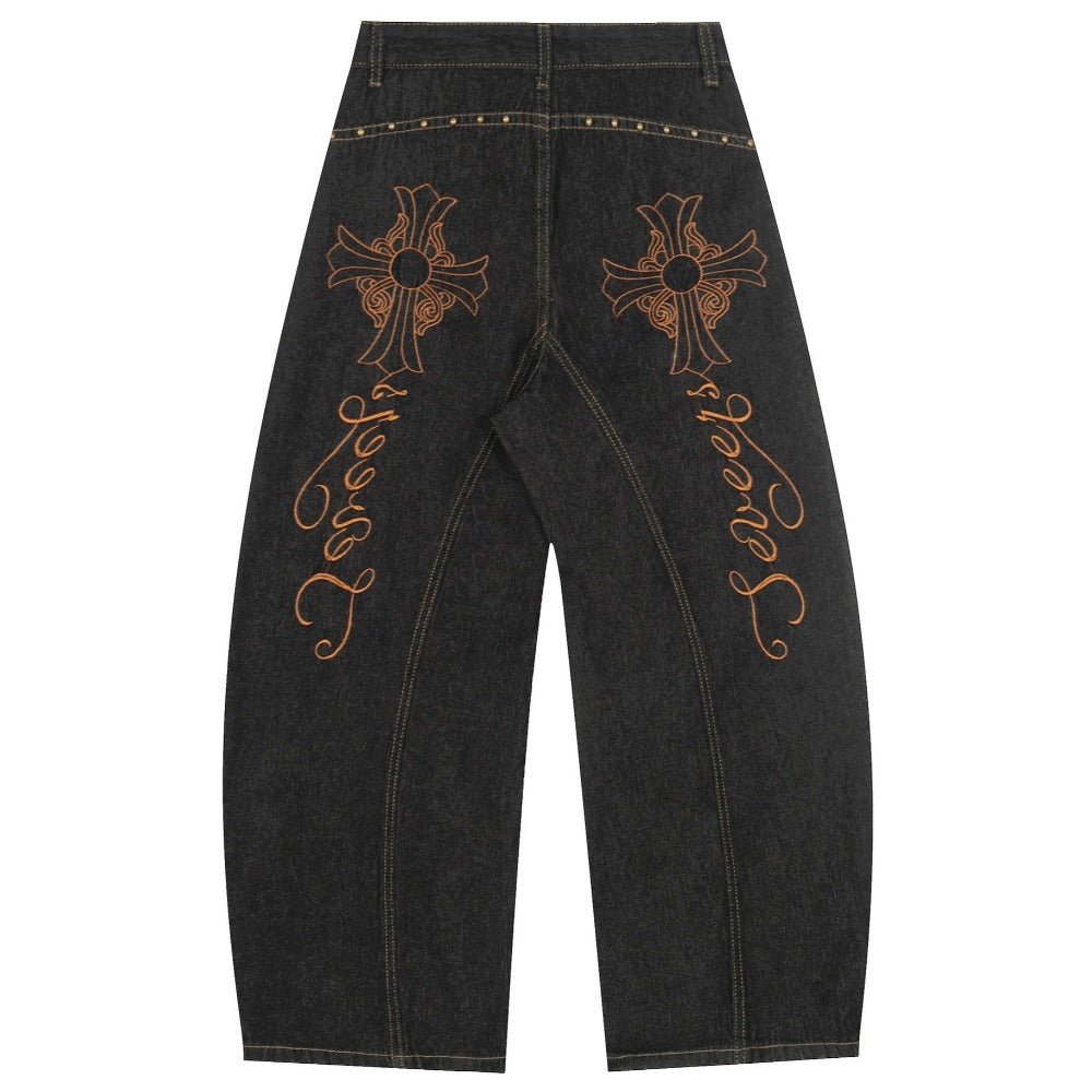 Leopard - Accent Cross Embroidered Studded Jeans - Thrashink