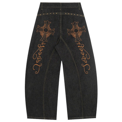 Leopard - Accent Cross Embroidered Studded Jeans - Thrashink