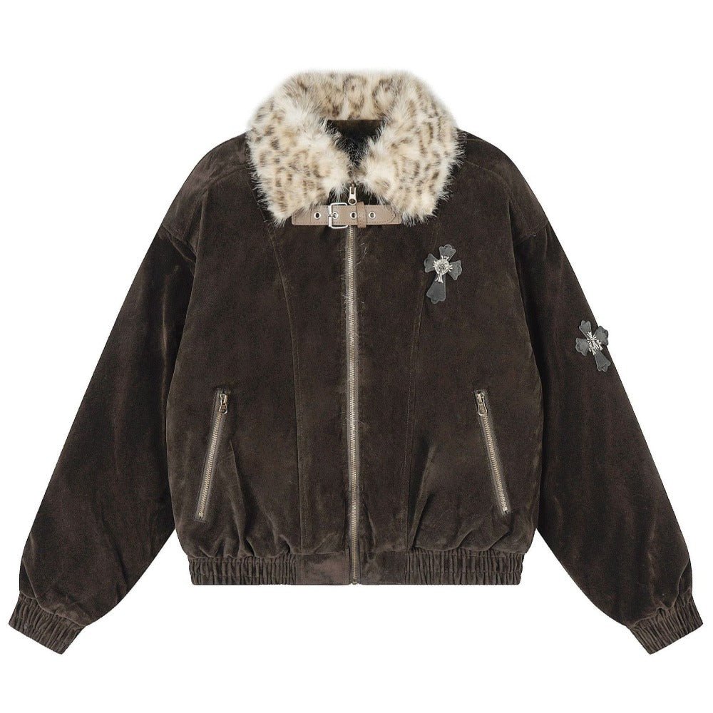 Leopard Fur Collar Cross - Embellished Jacket - Thrashink