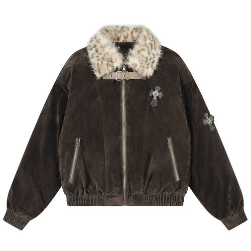 Leopard Fur Collar Cross - Embellished Jacket - Thrashink