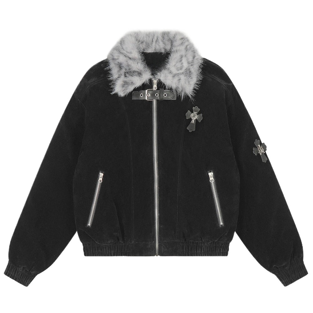 Leopard Fur Collar Cross - Embellished Jacket - Thrashink