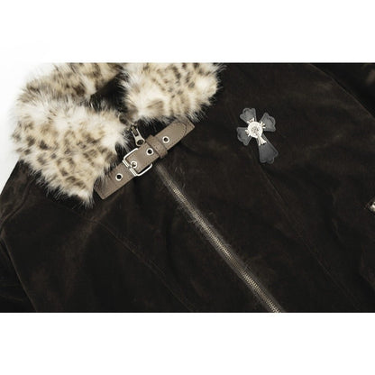 Leopard Fur Collar Cross - Embellished Jacket - Thrashink