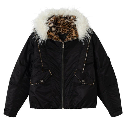 Leopard Lined Faux Fur Hooded Padded Jacket - Thrashink