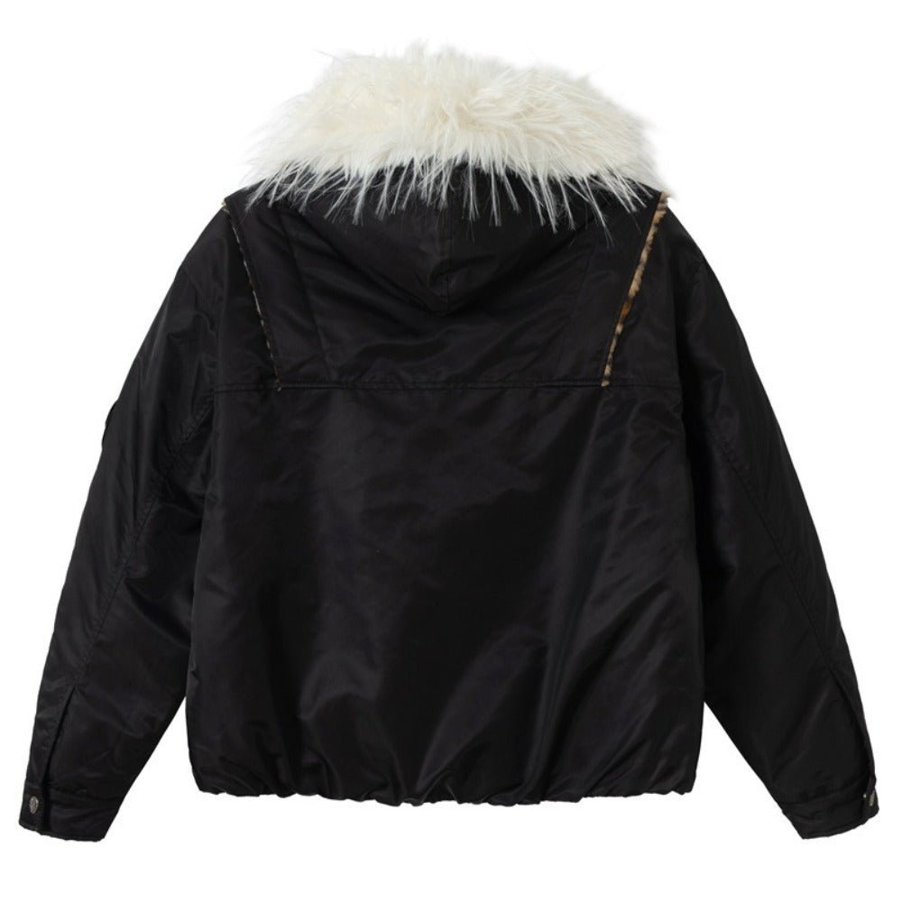 Leopard Lined Faux Fur Hooded Padded Jacket - Thrashink