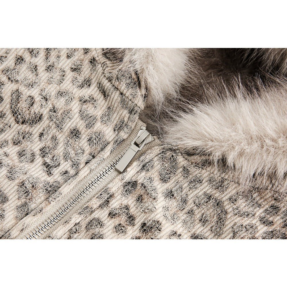 Leopard Print Faux Fur Collar Bomber Jacket - Thrashink