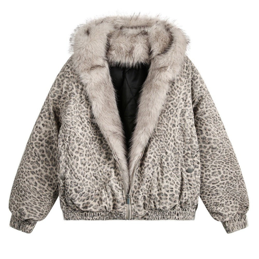 Leopard Print Faux Fur Collar Bomber Jacket - Thrashink