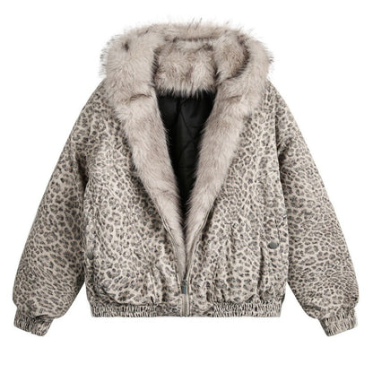 Leopard Print Faux Fur Collar Bomber Jacket - Thrashink
