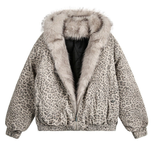 Leopard Print Faux Fur Collar Bomber Jacket - Thrashink