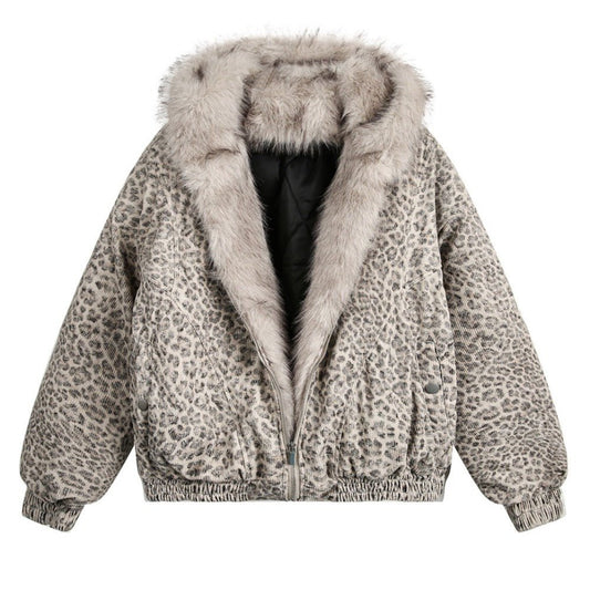 Leopard Print Faux Fur Collar Bomber Jacket - Thrashink