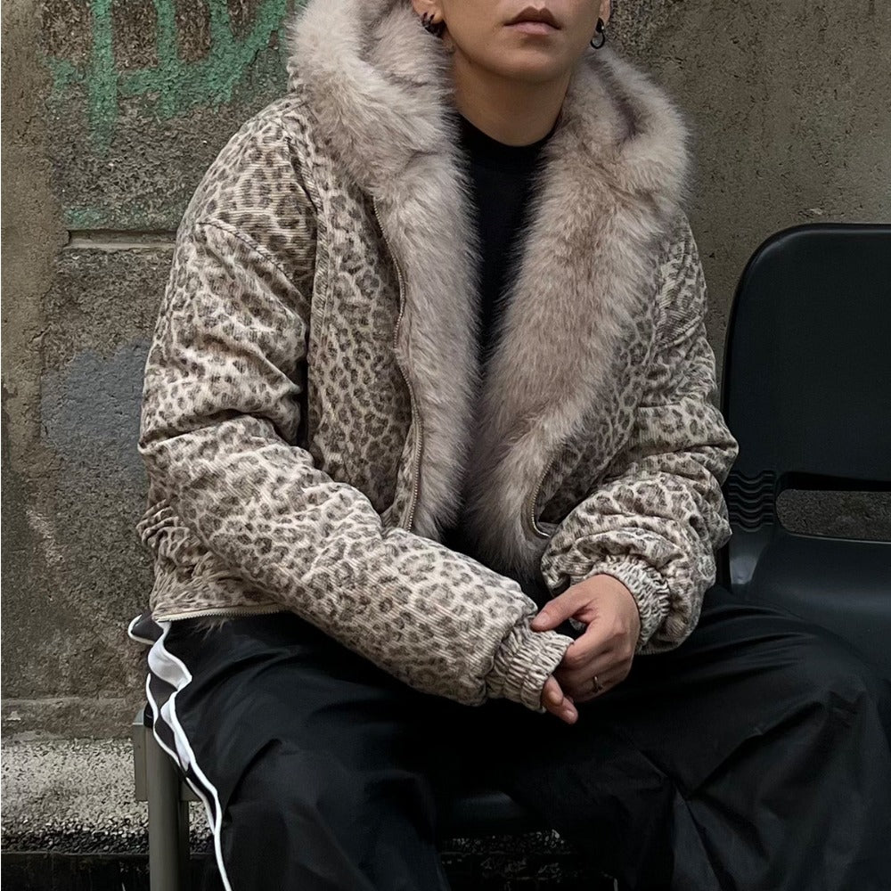 Leopard Print Faux Fur Collar Bomber Jacket - Thrashink
