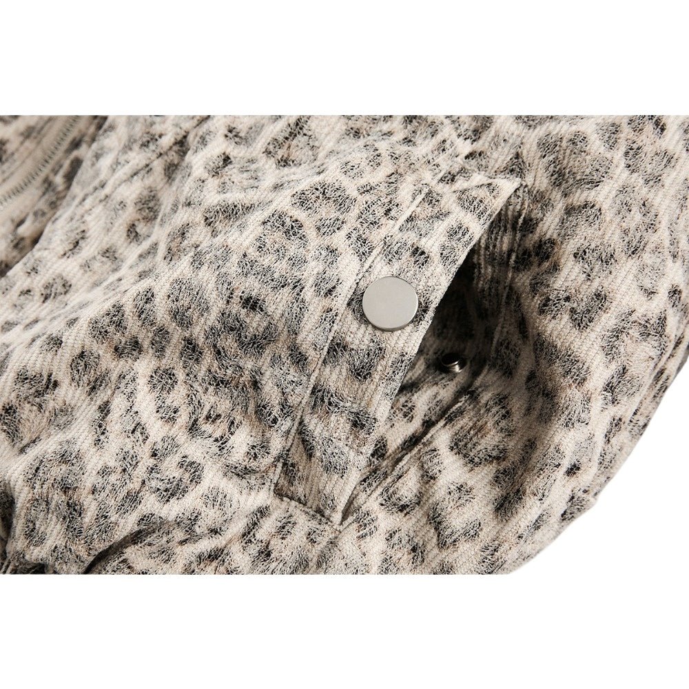Leopard Print Faux Fur Collar Bomber Jacket - Thrashink