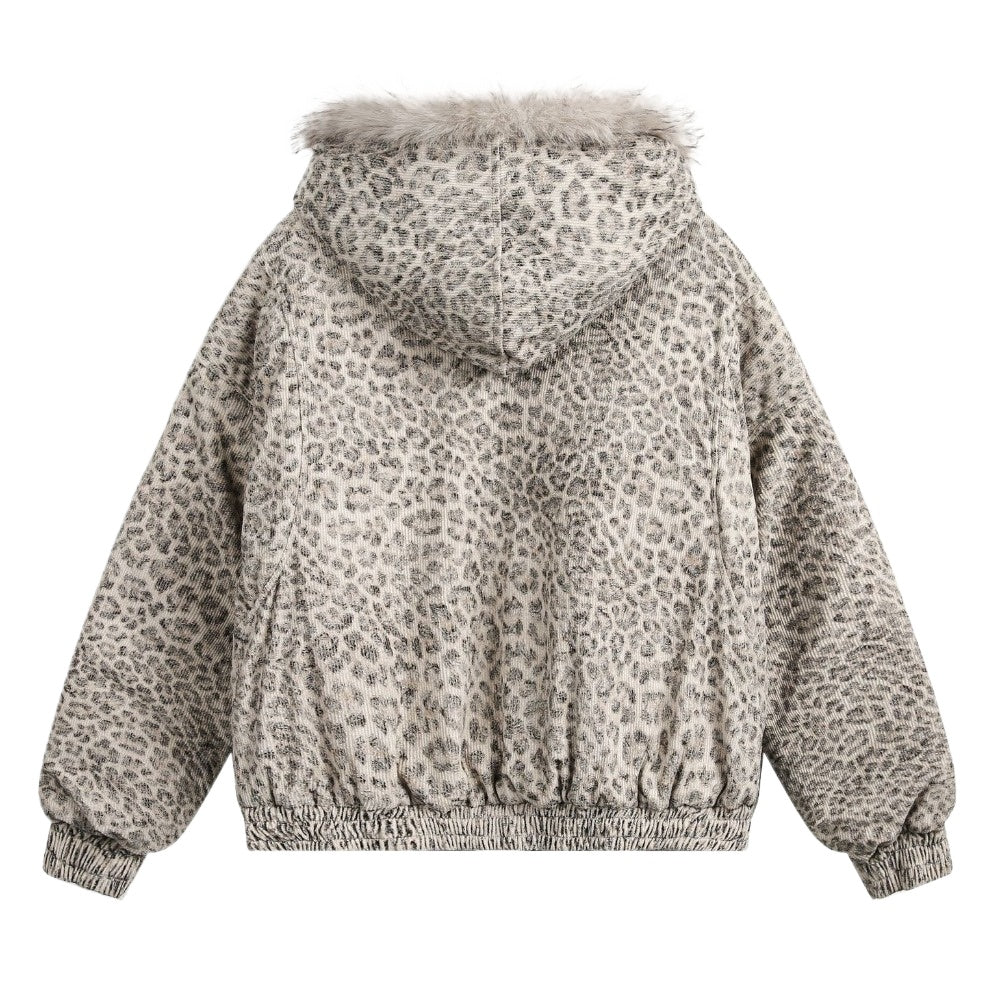 Leopard Print Faux Fur Collar Bomber Jacket - Thrashink
