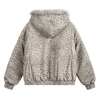 Leopard Print Faux Fur Collar Bomber Jacket - Thrashink