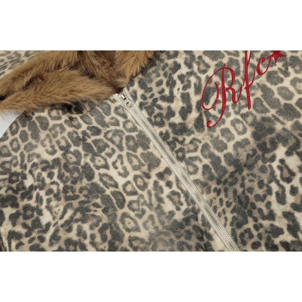 Leopard Print Faux Fur Lined Padded Jacket - Thrashink