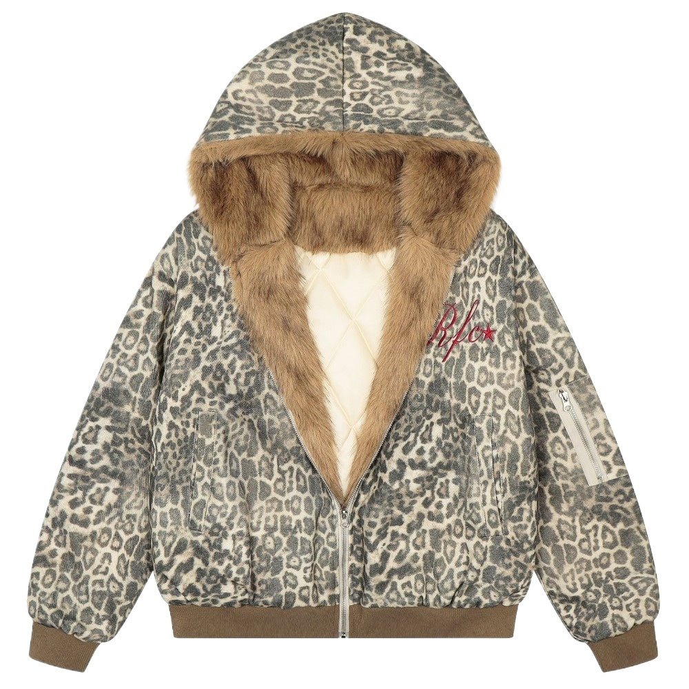 Leopard Print Faux Fur Lined Padded Jacket - Thrashink