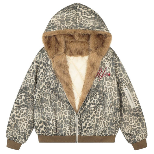 Leopard Print Faux Fur Lined Padded Jacket - Thrashink