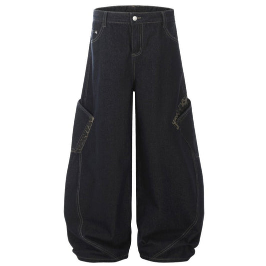 Leopard - printed Patchwork Baggy Jeans - Thrashink