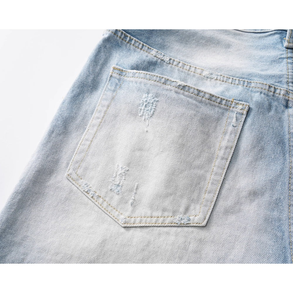Light Blue Gradient Frayed Denim Shorts - Thrashink