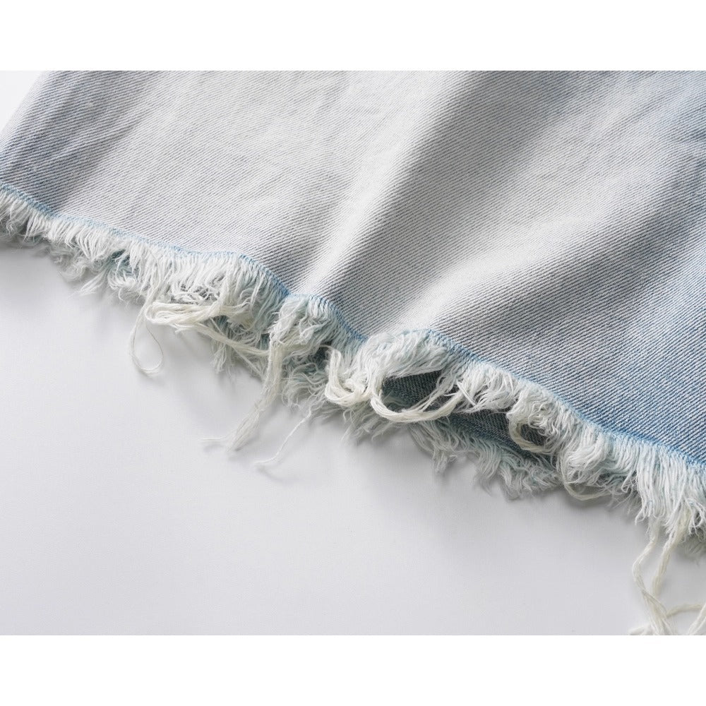 Light Blue Gradient Frayed Denim Shorts - Thrashink