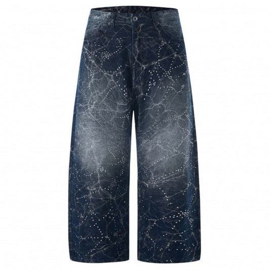 Lightning Pattern Rhinestone Wide - Leg Jeans - Thrashink