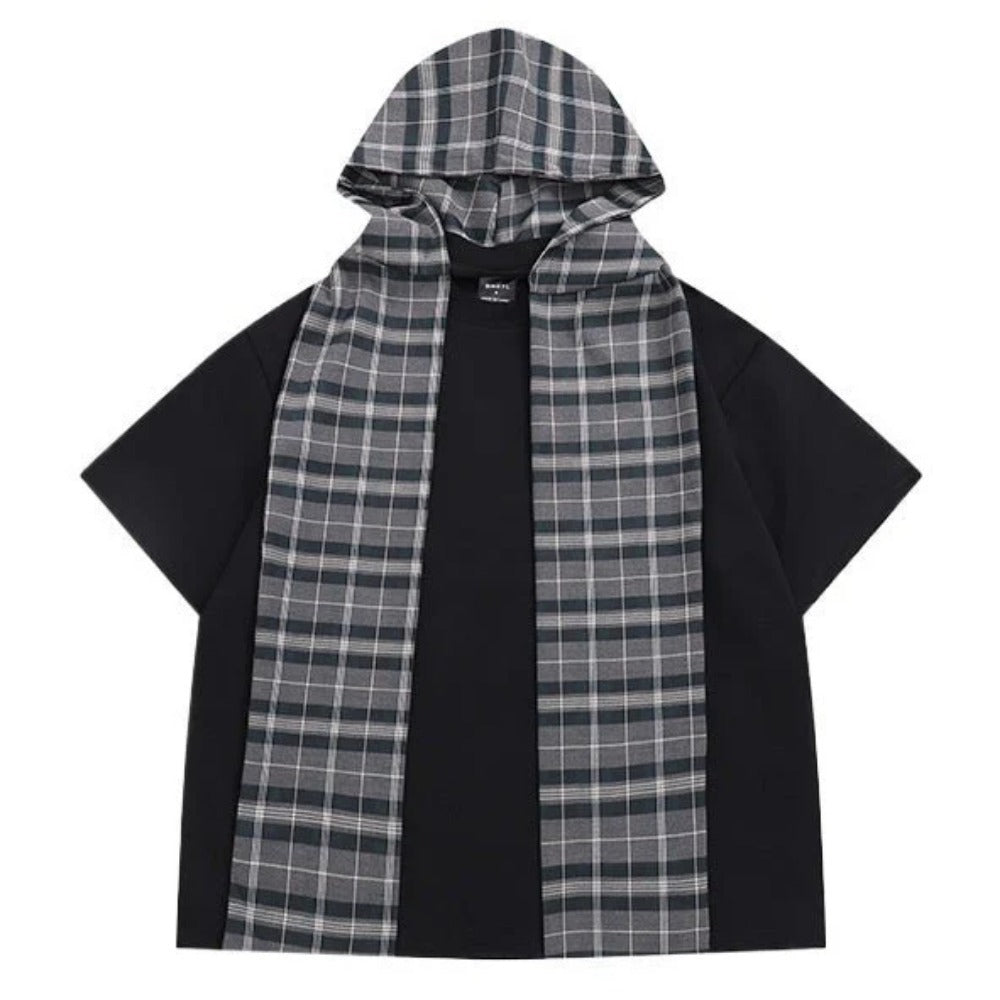 Loose Detachable Plaid Cape T-Shirt - Thrashink