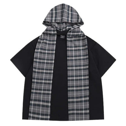 Loose Detachable Plaid Cape T-Shirt - Thrashink