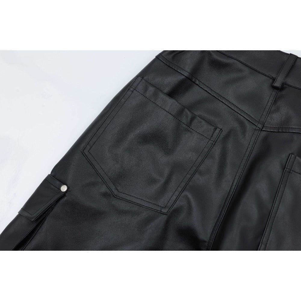 Loose Pleated Leather Cargo Pants - Thrashink