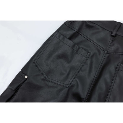 Loose Pleated Leather Cargo Pants - Thrashink