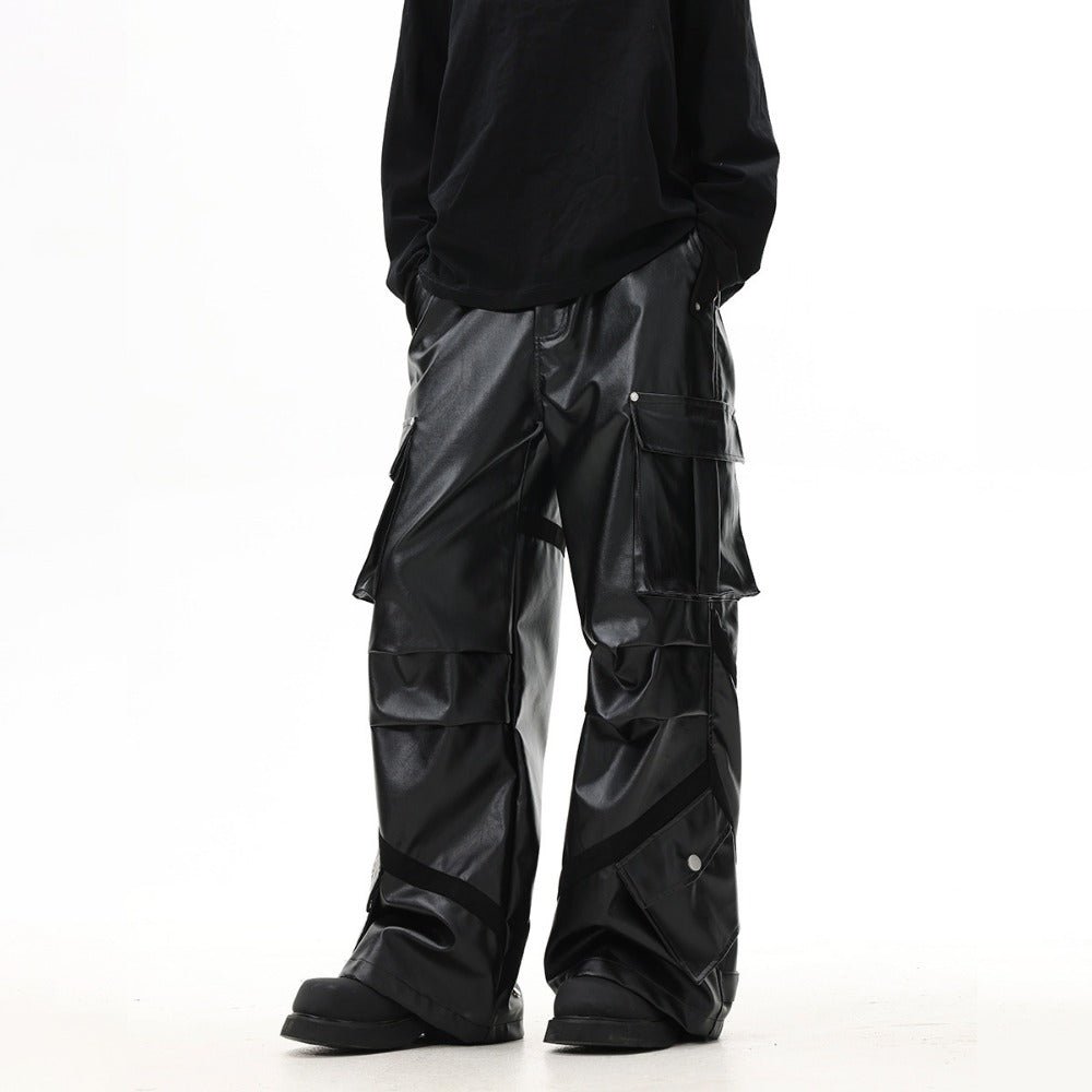 Loose Pleated Leather Cargo Pants - Thrashink