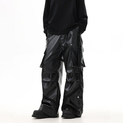 Loose Pleated Leather Cargo Pants - Thrashink