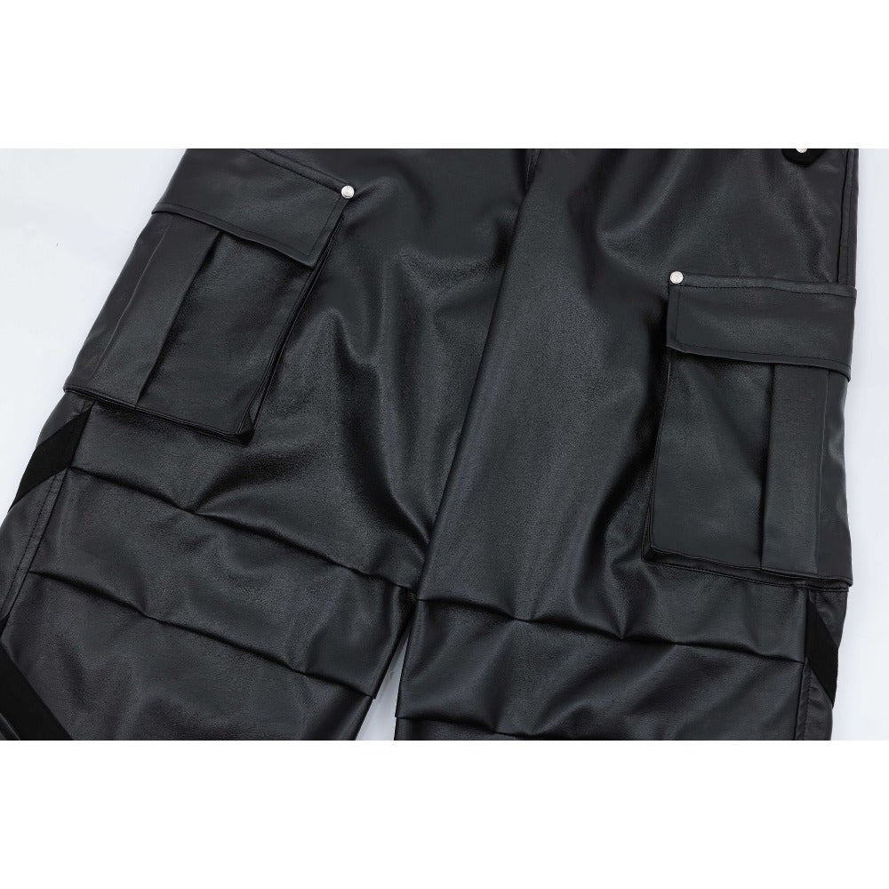 Loose Pleated Leather Cargo Pants - Thrashink