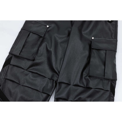 Loose Pleated Leather Cargo Pants - Thrashink