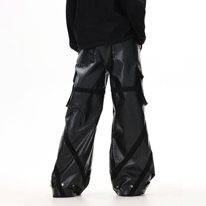 Loose Pleated Leather Cargo Pants - Thrashink