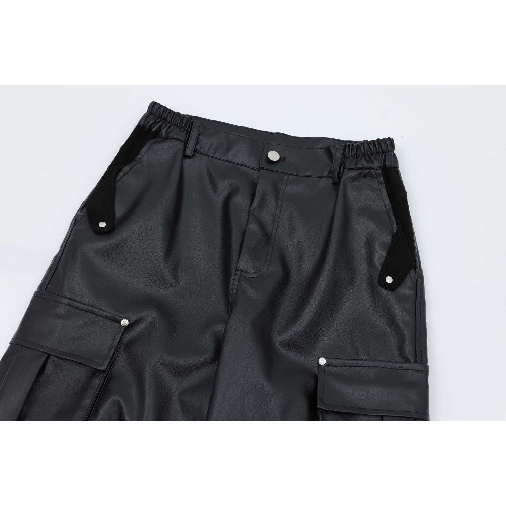 Loose Pleated Leather Cargo Pants - Thrashink