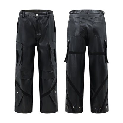 Loose Pleated Leather Cargo Pants - Thrashink