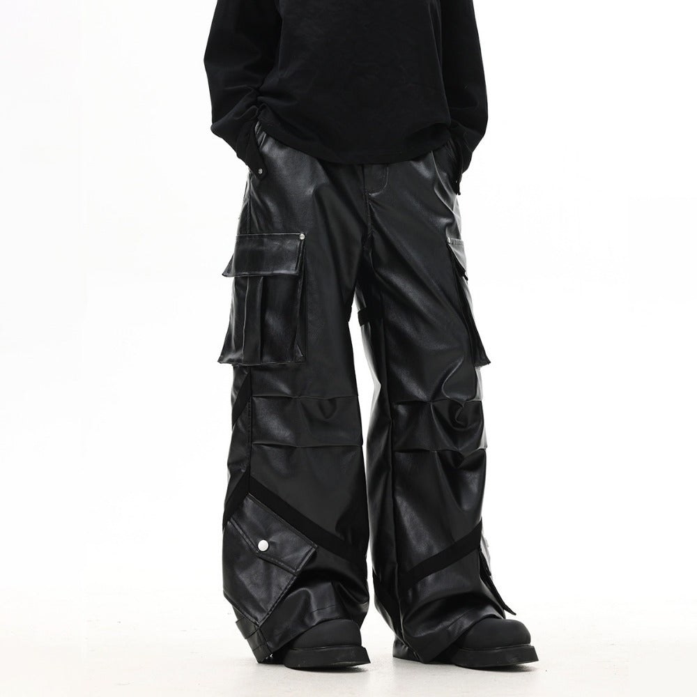 Loose Pleated Leather Cargo Pants - Thrashink