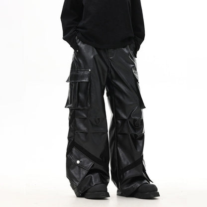 Loose Pleated Leather Cargo Pants - Thrashink