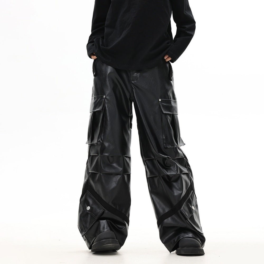 Loose Pleated Leather Cargo Pants - Thrashink