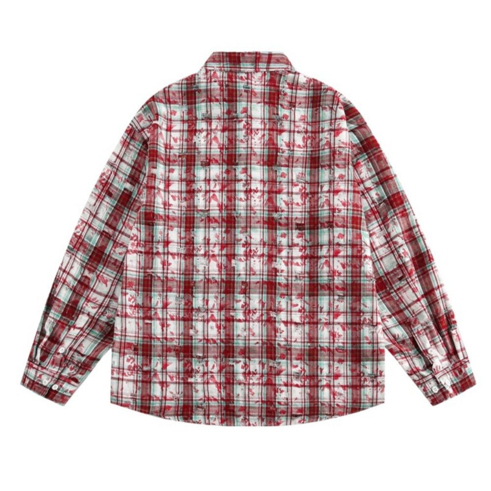 Mottled Distressed Plaid Shirt - Thrashink