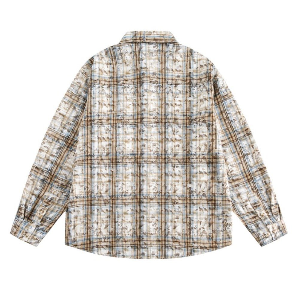 Mottled Distressed Plaid Shirt - Thrashink