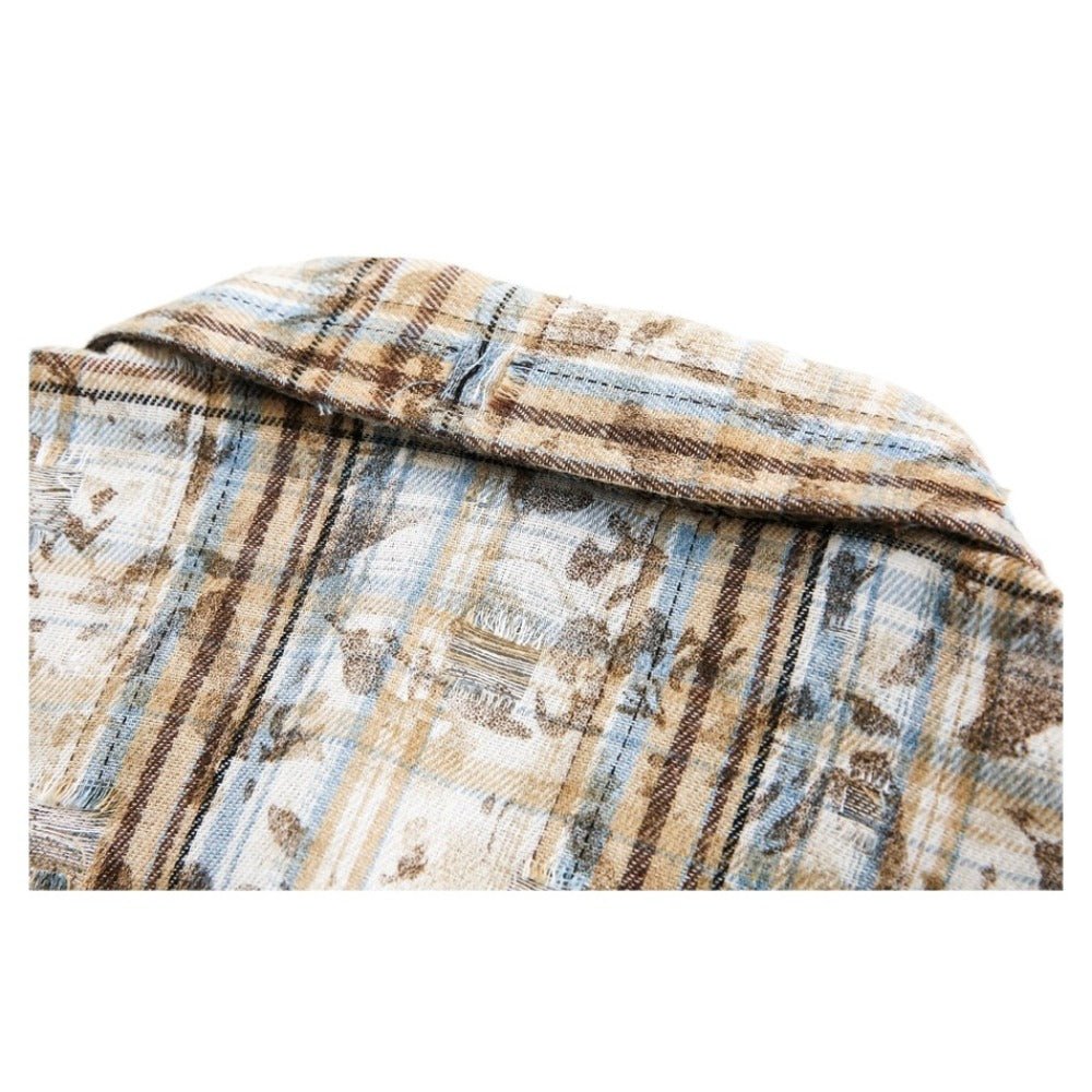 Mottled Distressed Plaid Shirt - Thrashink