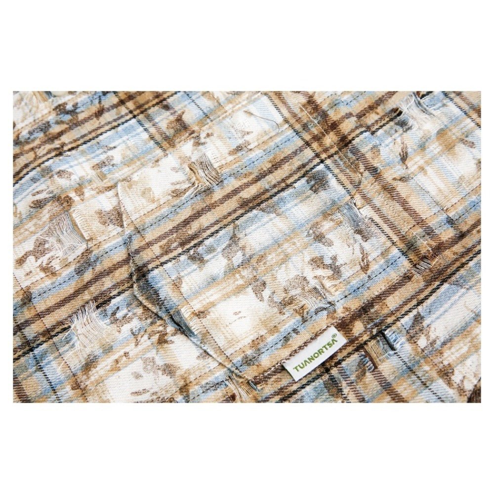 Mottled Distressed Plaid Shirt - Thrashink