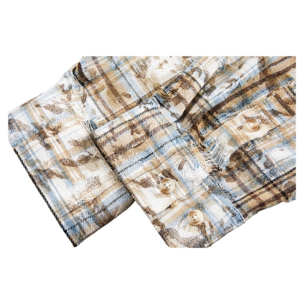 Mottled Distressed Plaid Shirt - Thrashink