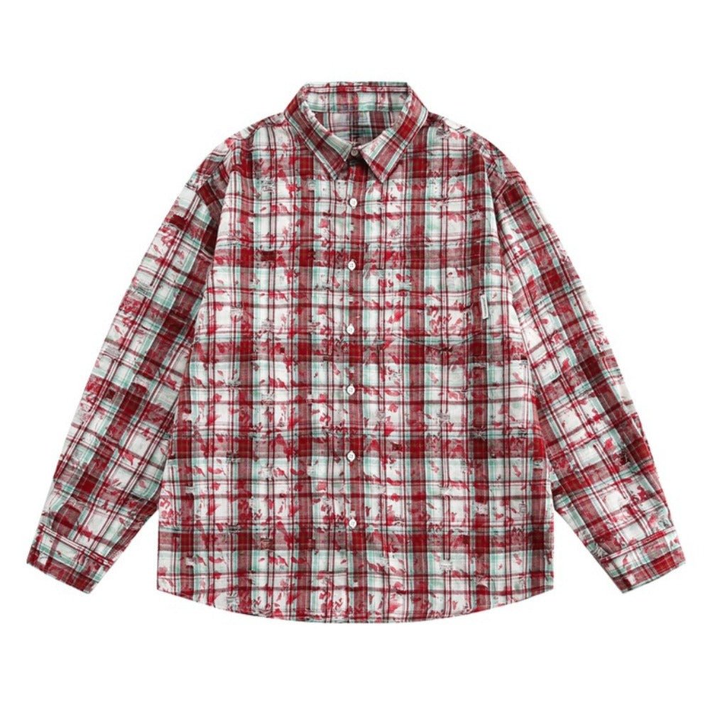 Mottled Distressed Plaid Shirt - Thrashink