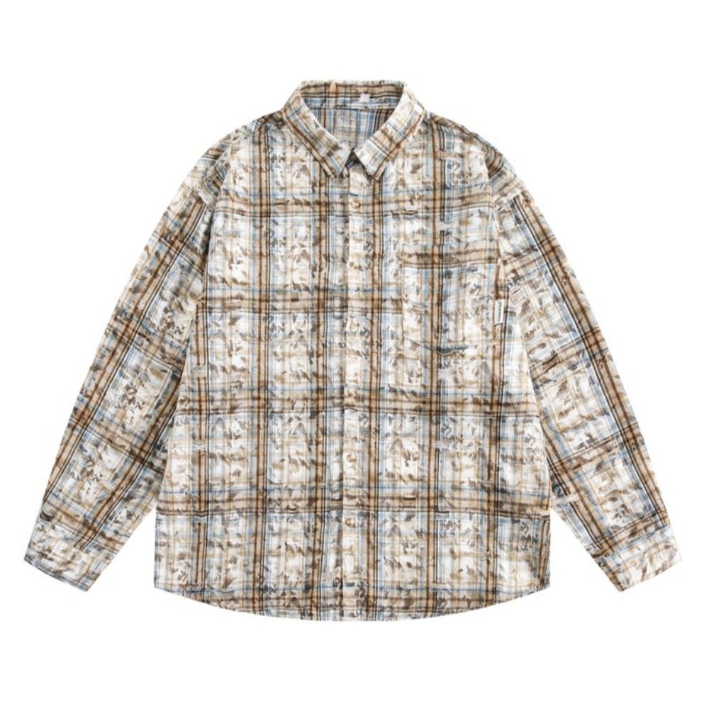 Mottled Distressed Plaid Shirt - Thrashink